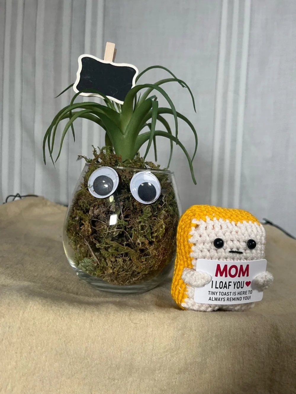 Funny Googly Eye Faux Succulent in Wine Glass •Cute Gift • Desk Decor • Mom Gift